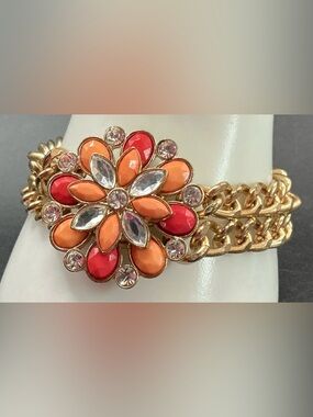 VERA WANG GOLD TONE DOUBLE CHAIN  BRACELET ORANGE PINK AND RHINESTONE ACCENTS